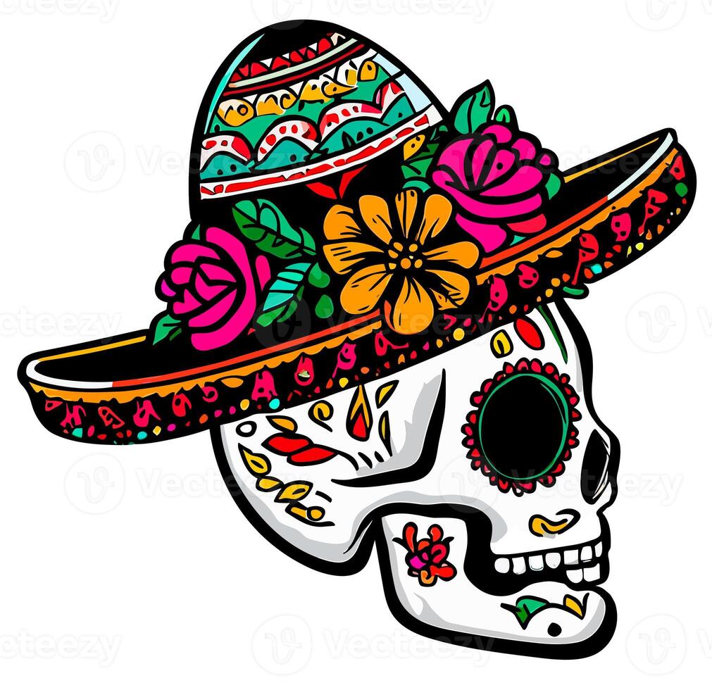 Side view of a Decorated Sugar skull with mexican hat isolated on white background. Day of the Dead. photo