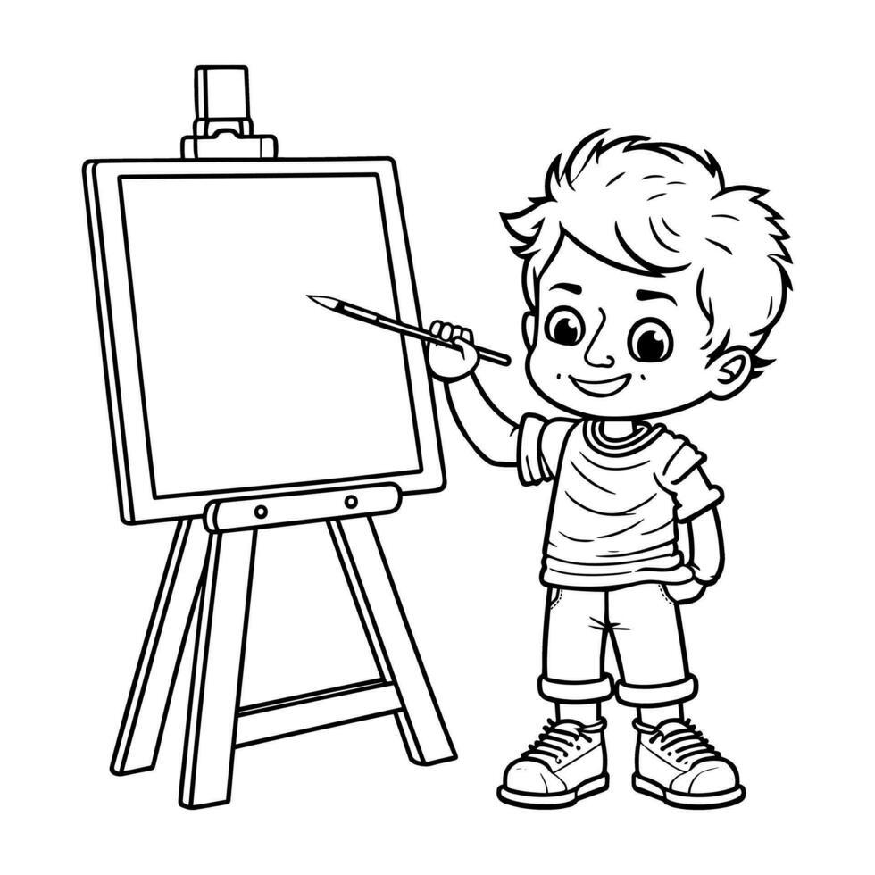Artist Boy painting a canvas on easel coloring page. Cartoon vector illustration