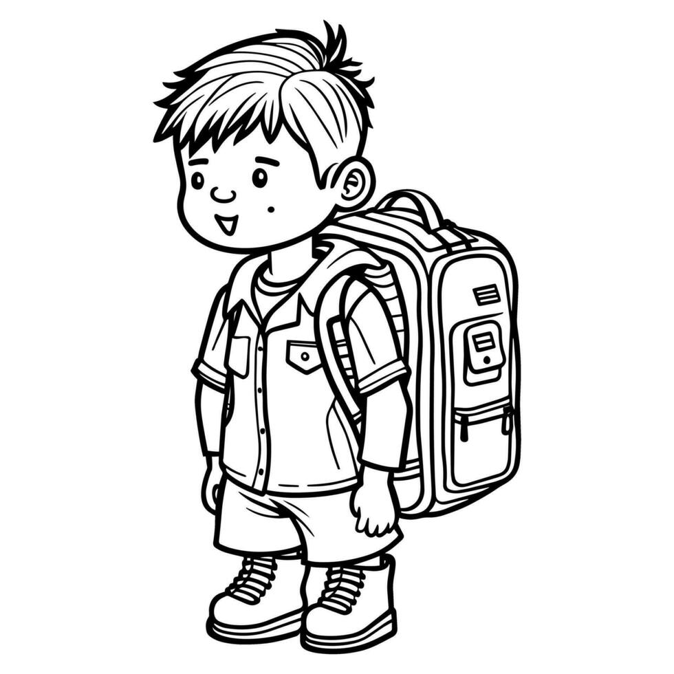 Cute boy with backpack coloring page. Back to school concept. Vector