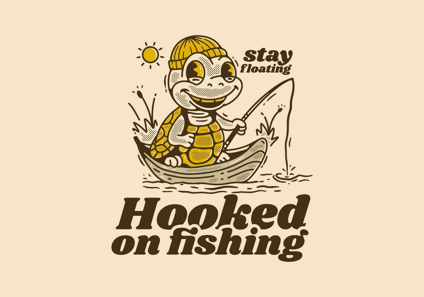 Hooked on fish, Mascot character of the turtle fishing on the boat vector