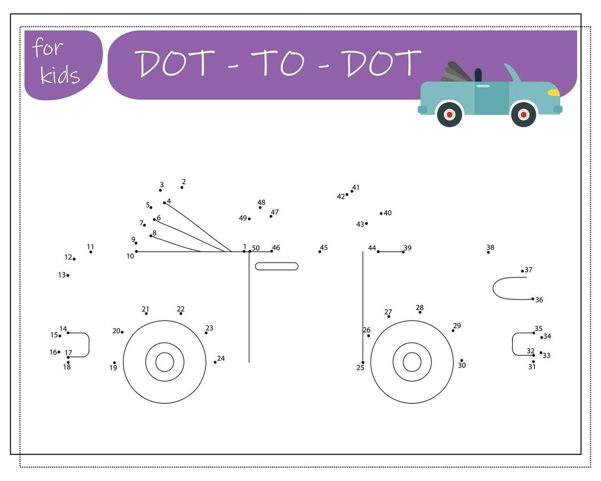 A game with numbers, an educational game from point to point for children, cartoon cars. Vector illustration on a white background.