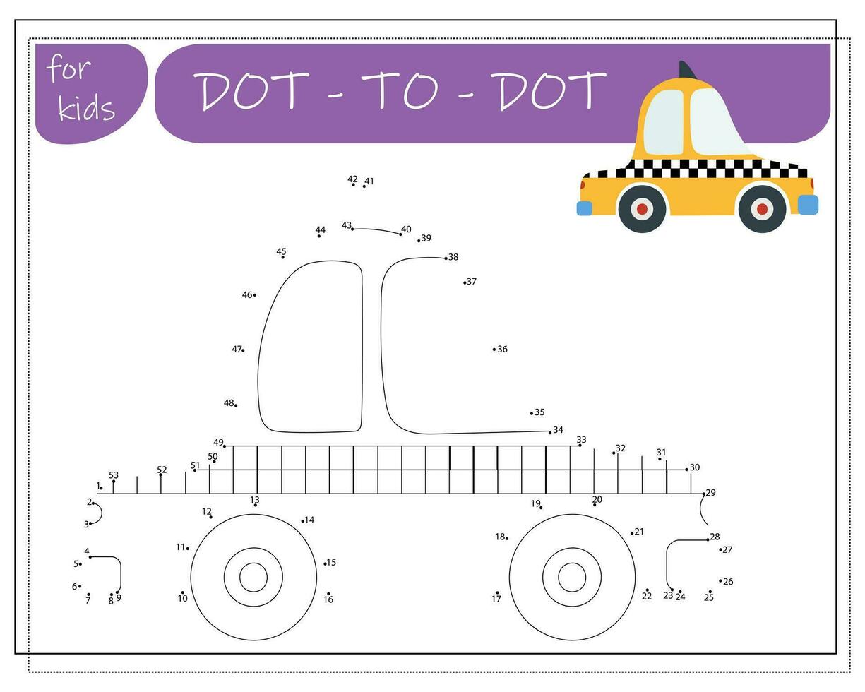 A game with numbers, an educational game from point to point for children, cartoon cars. Vector illustration on a white background.