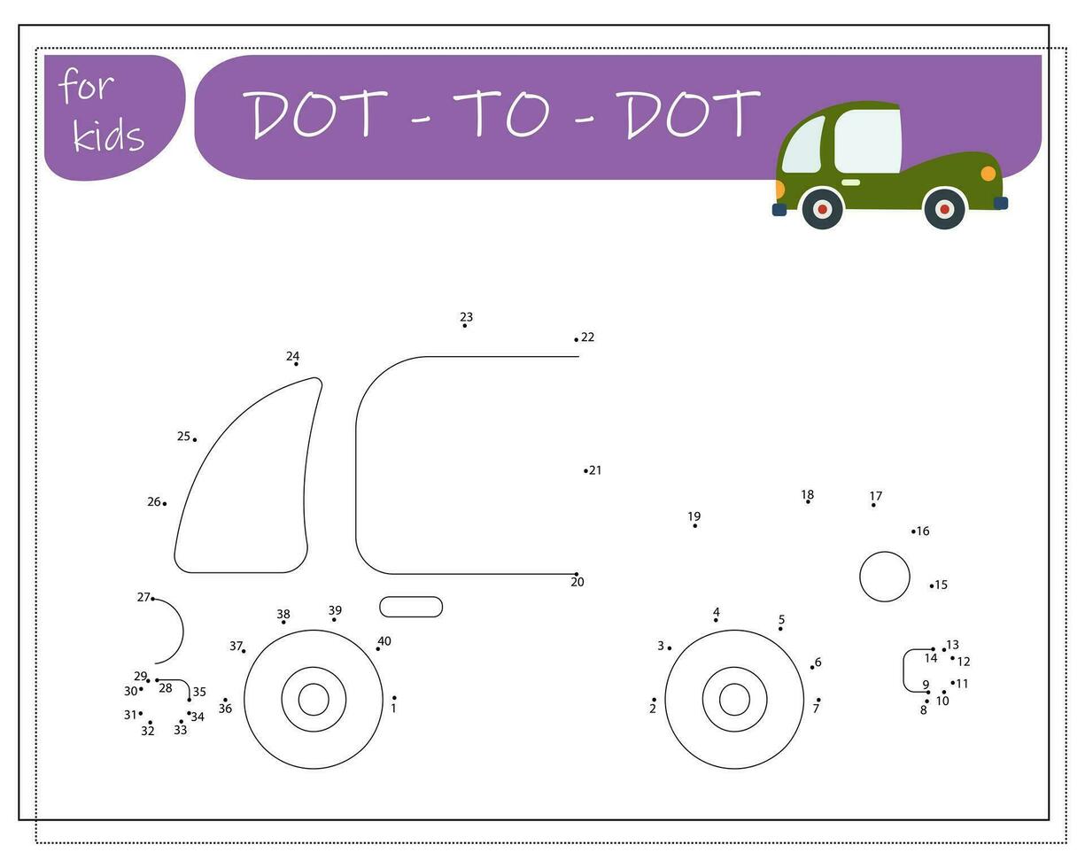 A game with numbers, an educational game from point to point for children, cartoon cars. Vector illustration on a white background.