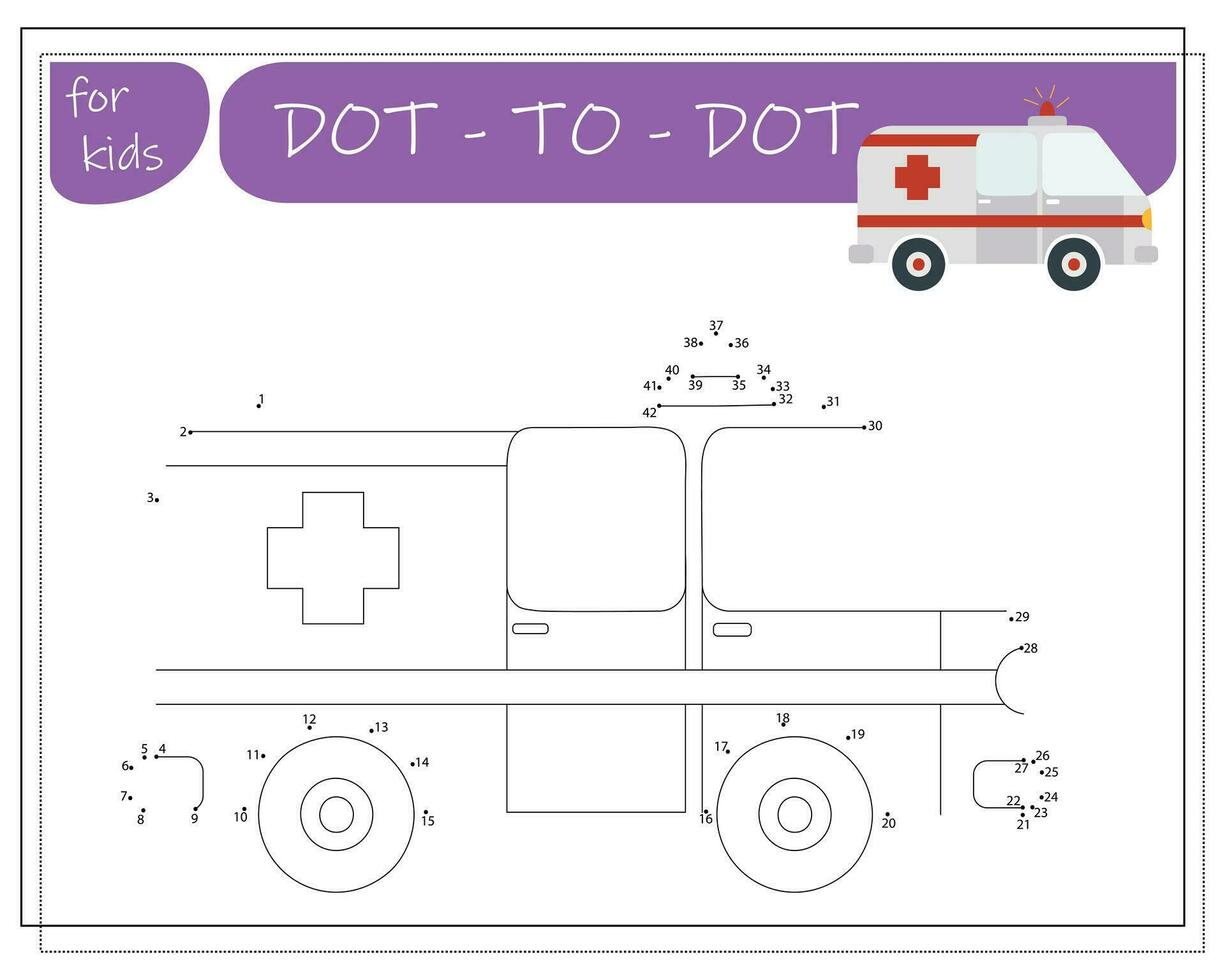 A game with numbers, an educational game from point to point for children, cartoon cars. Vector illustration on a white background.