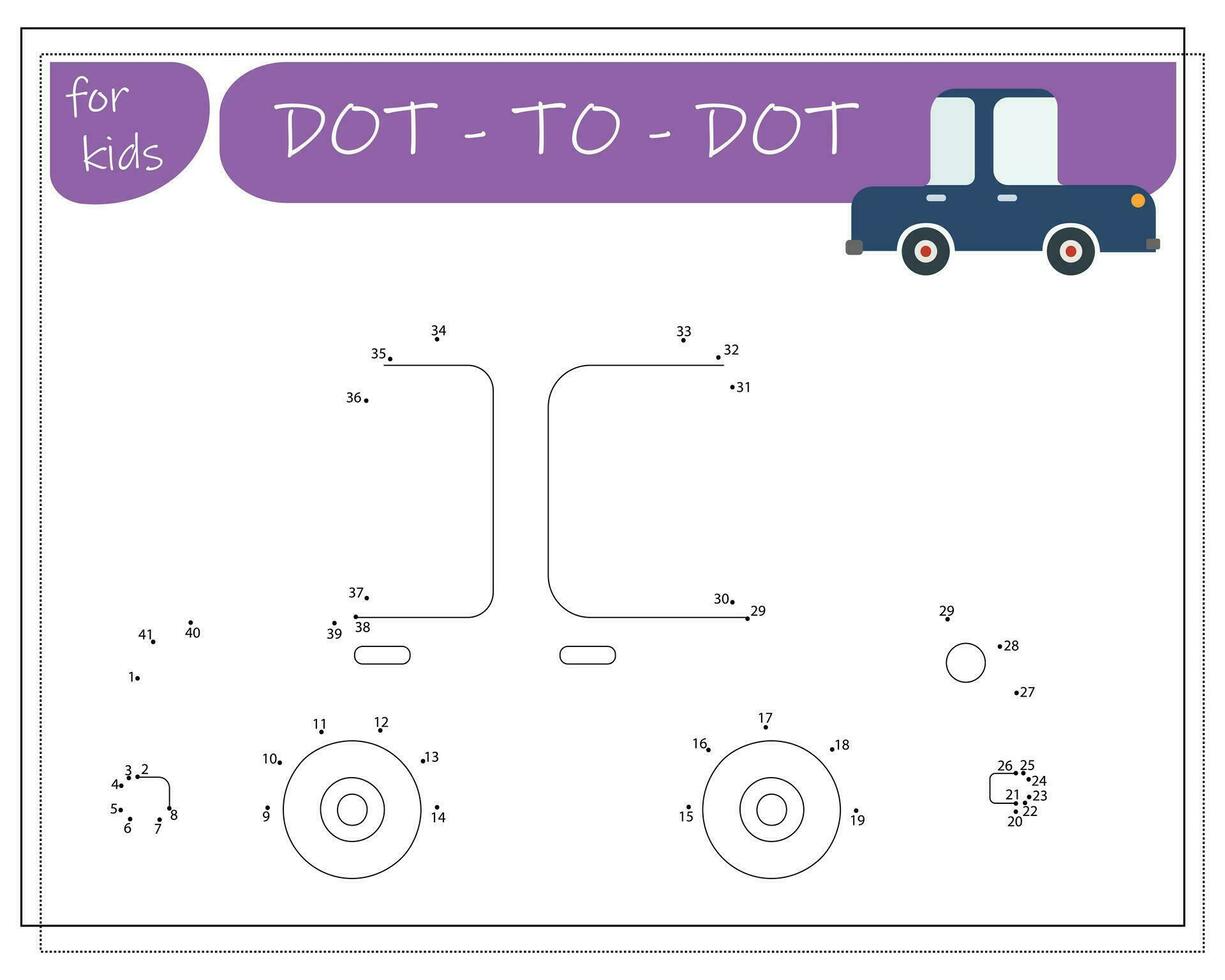 A game with numbers, an educational game from point to point for children, cartoon cars. Vector illustration on a white background.