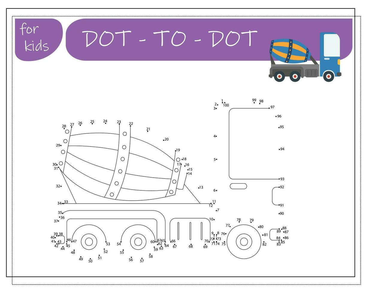 A game with numbers, an educational game from point to point for children, cartoon cars. Vector illustration on a white background.