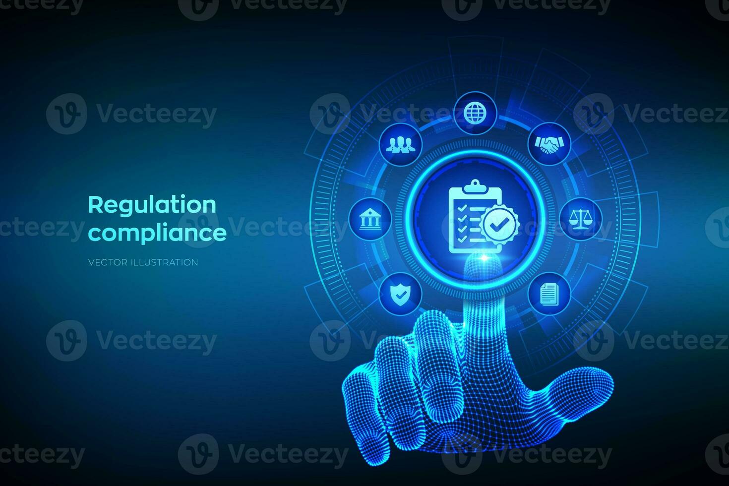 Regulation Compliance financial control internet technology concept on virtual screen. Reg Tech. Compliance rules. Law regulation policy. Wireframe hand touching digital interface. Vector illustration photo