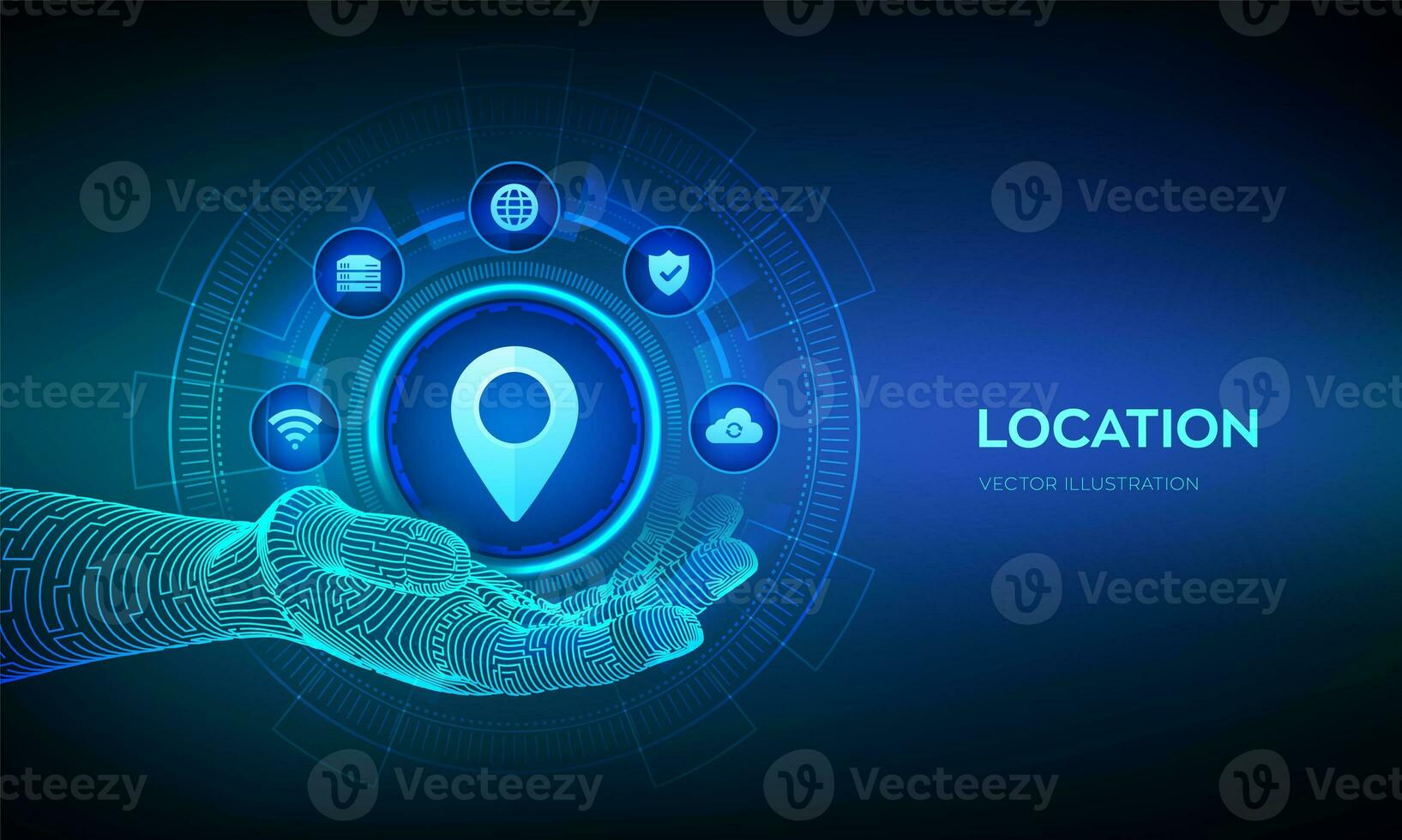 Location. Point of location icon in robotic hand. Pointer of map. Map marker sign. Gps pointer. Navigation pin point global position system symbol. Vector illustration. photo