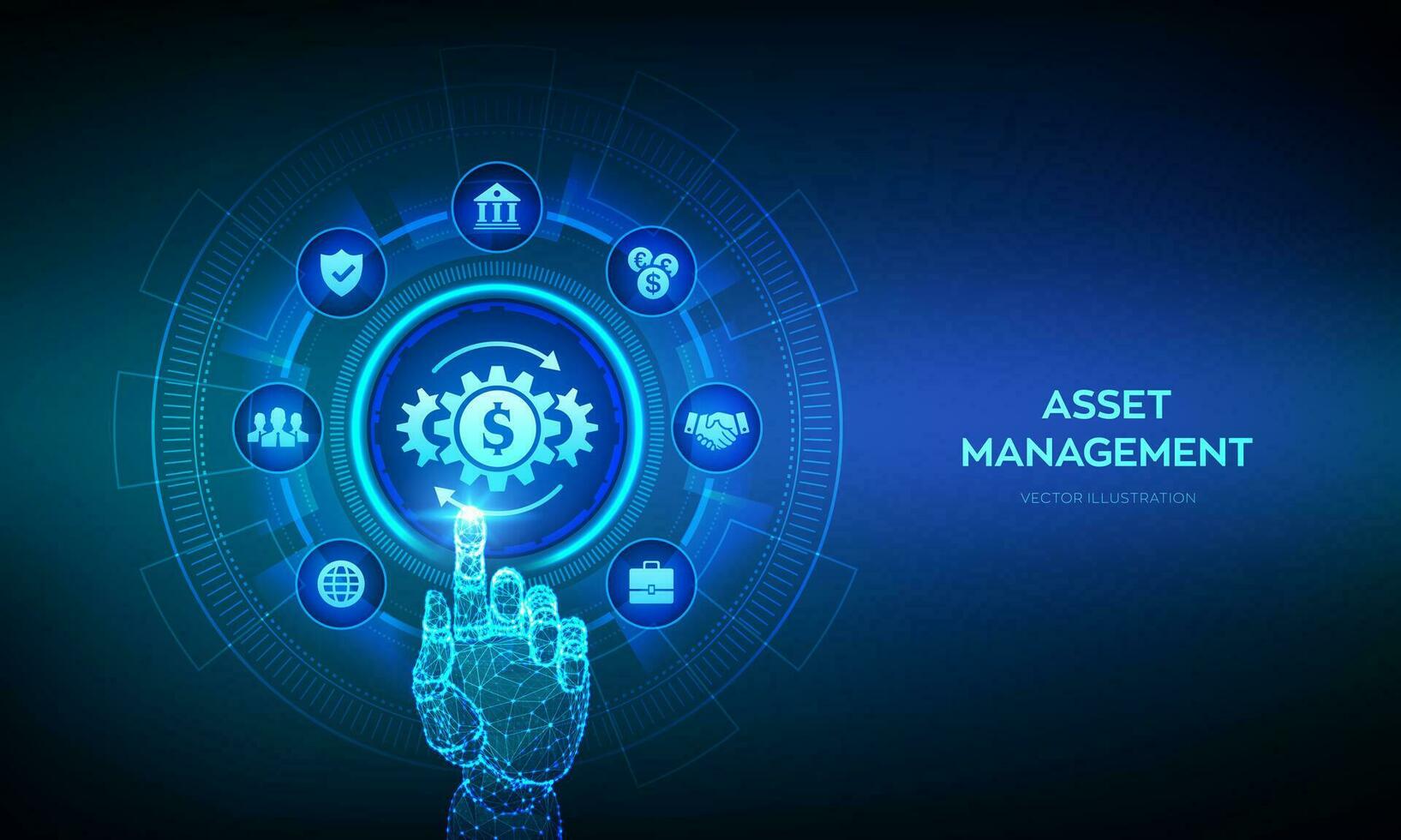 Asset management. Business investment banking payment technology concept on virutal screen. Wireframe hand touching digital interface. Vector illustration.
