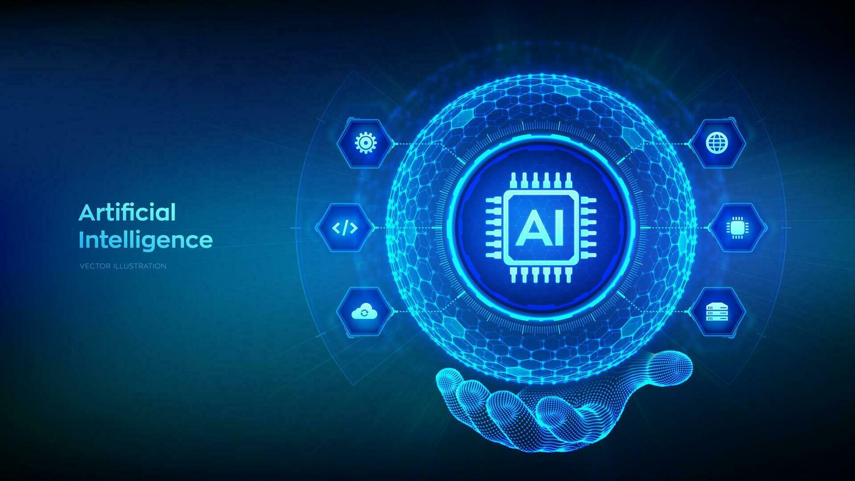 AI. Artificial Intelligence in the shape of sphere with hexagon grid pattern in wireframe hand. Machine Learning Concept. Big data. Neural networks. AI and virtual technology. Vector illustration.