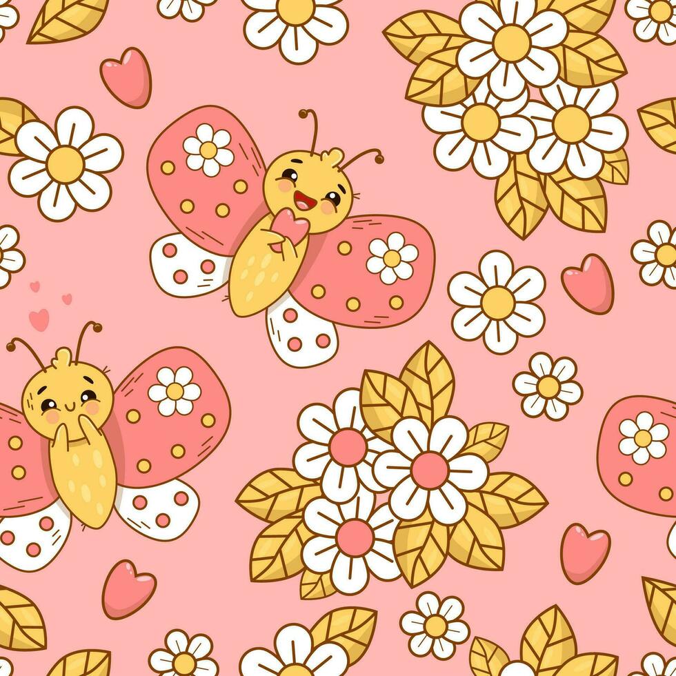 Seamless pattern with cute in love butterflies and flowers on pink background. Groovy vector Illustration for wallpaper, design, textile, packaging, decor. Kids collection.