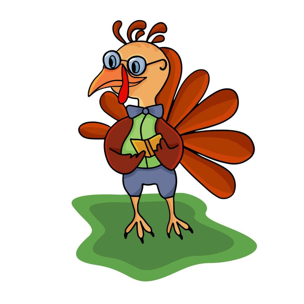 gracioso pájaro pavo. inteligente Mira con un mariposa en lentes y con un libro. ilustración para niños, brillante. multicolor. adecuado para el diseño de para niños productos, pegatinas, web íconos vector