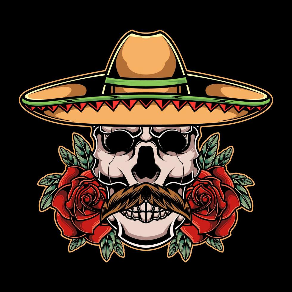 Mexican Skull Wearing Sombrero Hat Vector Illustration