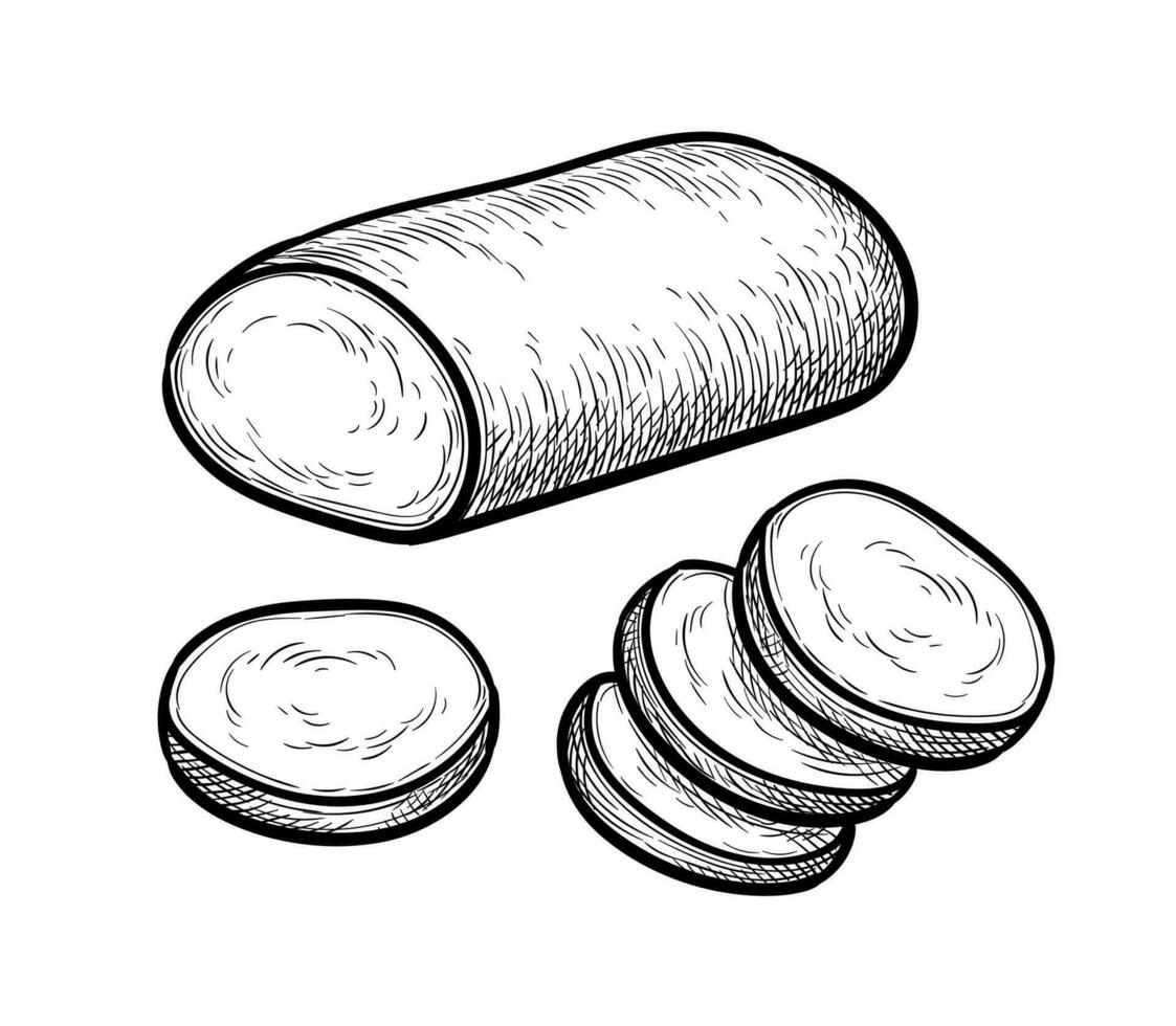 Sliced mozzarella cheese. Ink sketch isolated on white background. Hand drawn vector illustration. Vintage style stroke drawing.