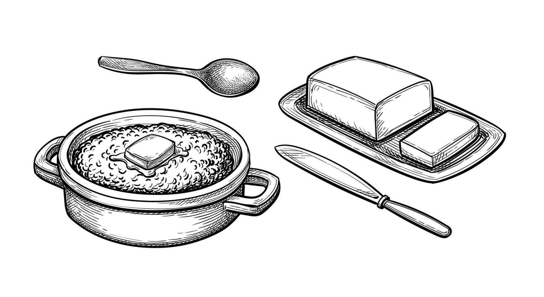 Oatmeal, butter and cutlery. Ink sketch isolated on white background. Hand drawn vector illustration. Retro style.