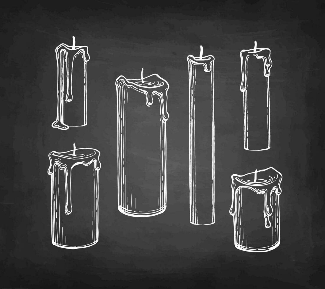 Candles. Chalk sketch set on blackboard background. Hand drawn vector illustration. Retro style.