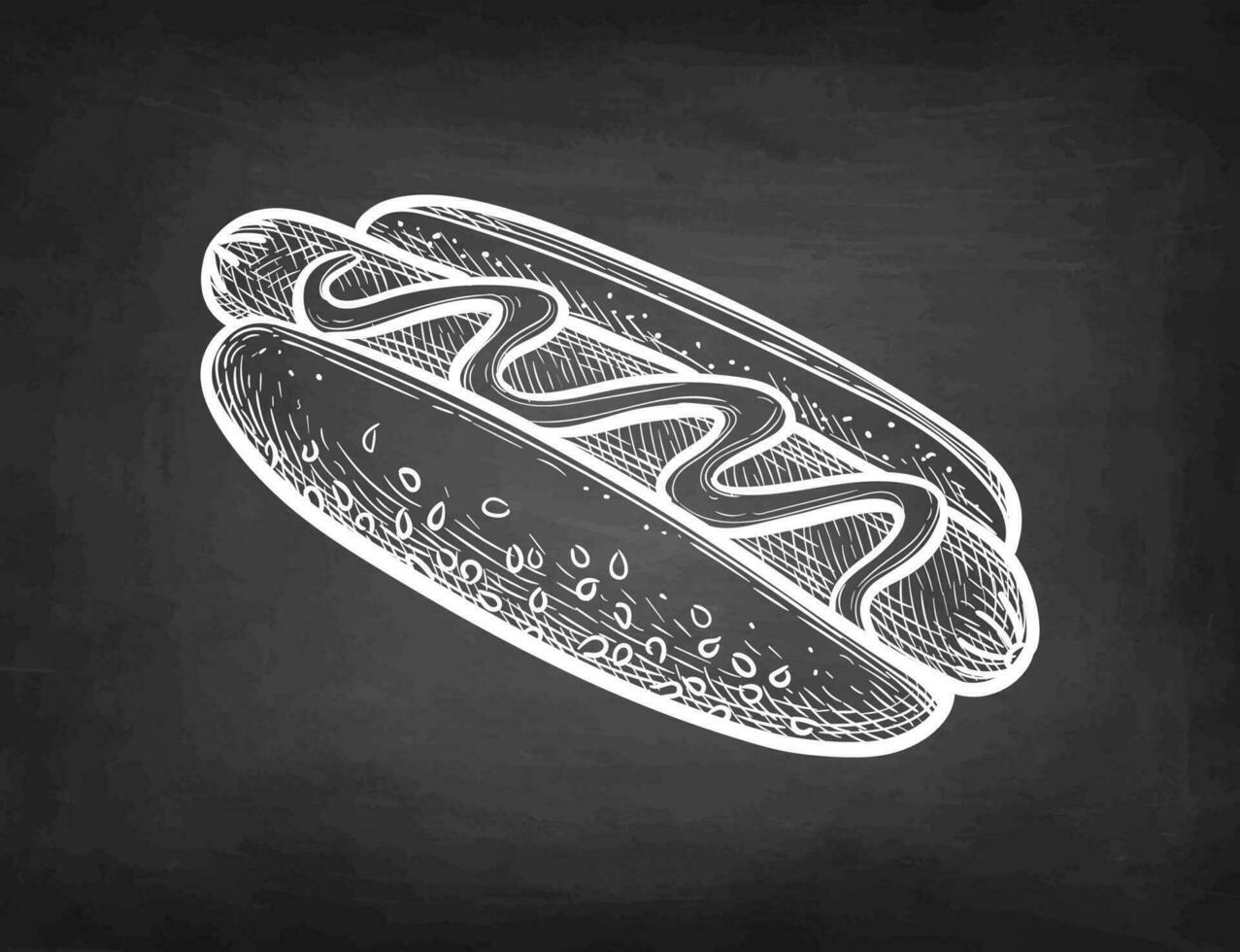 Hot dog. Chalk sketch on blackboard background. Hand drawn vector illustration. Retro style.