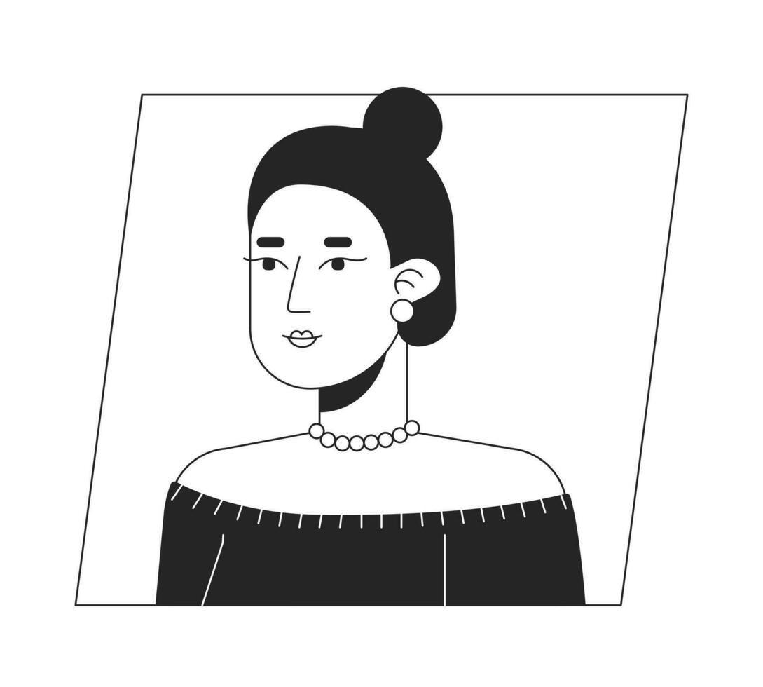 Happy caucasian woman with bun hairstyle black white cartoon avatar icon. Editable 2D character user portrait, linear flat illustration. Vector face profile. Outline person head and shoulders