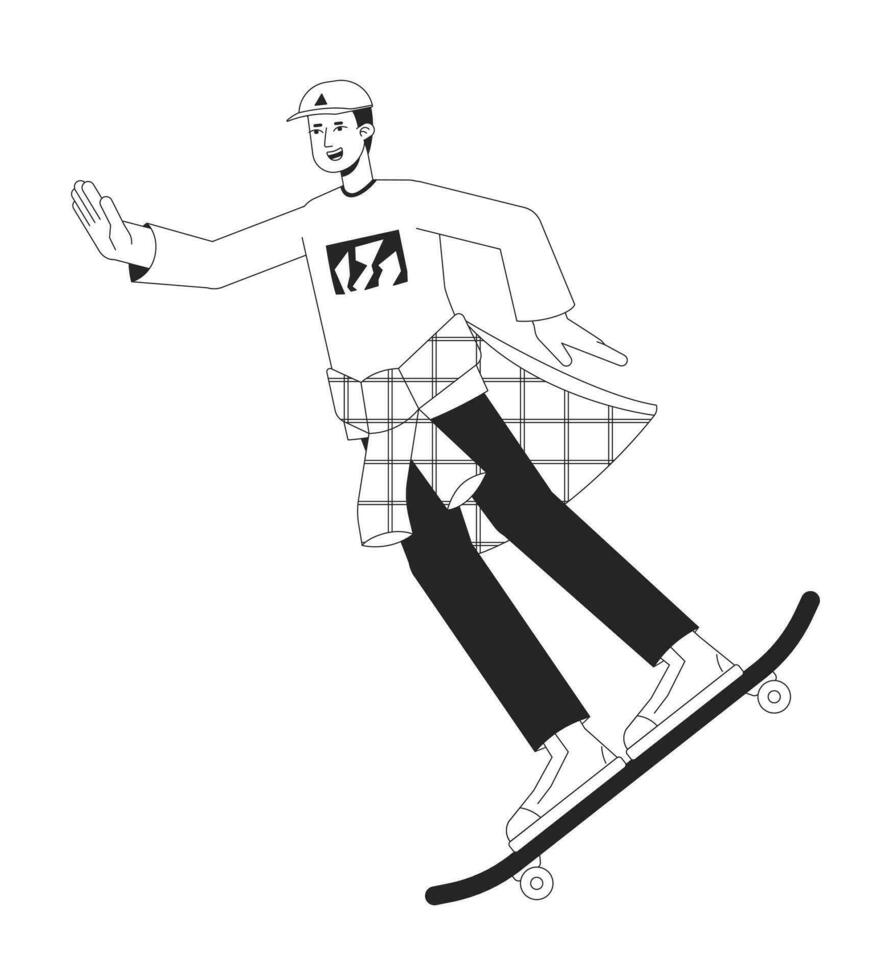 Cheerful skater flat line black white vector character. Editable outline full body man rides on skateboard. Simple cartoon isolated spot illustration for web graphic design