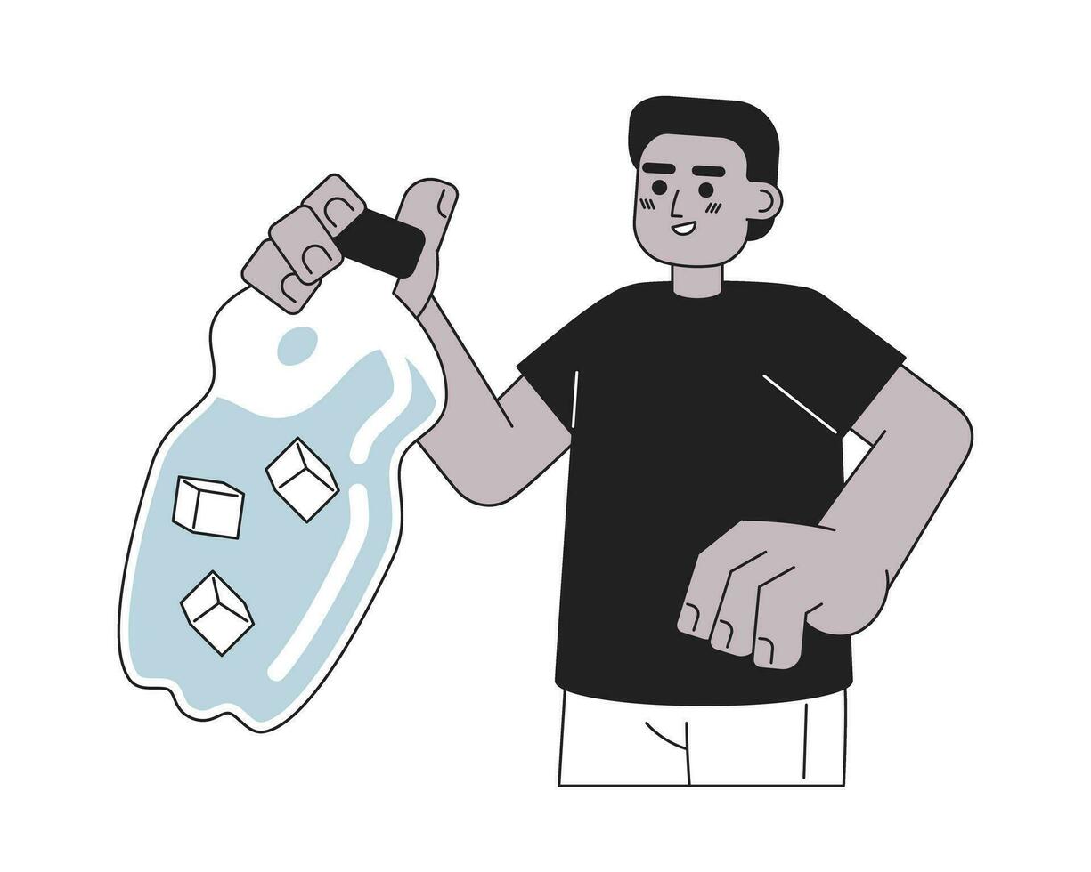 Stay hydrated in summer monochrome concept vector spot illustration. Black young man holding water bottle 2D flat bw cartoon character for web UI design. Isolated editable hand drawn hero image