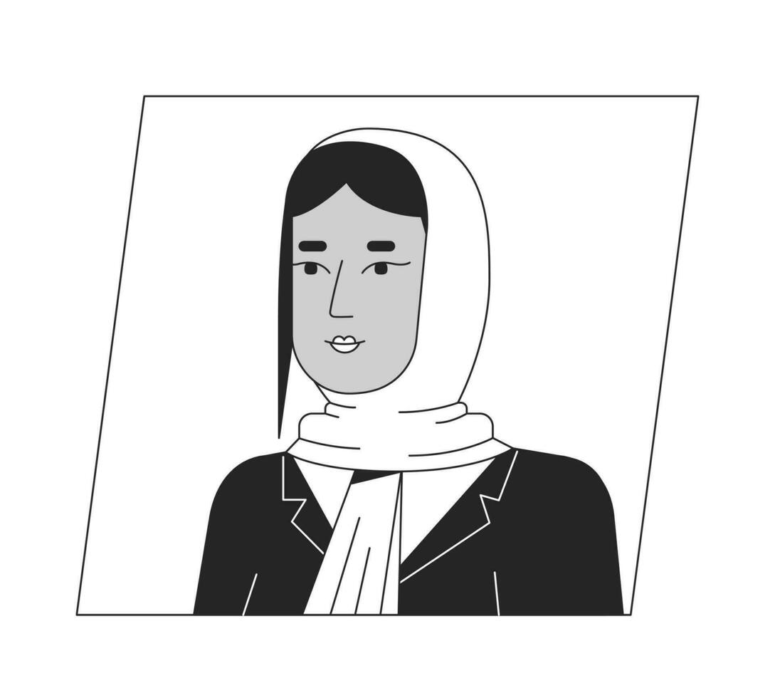 Brunette muslim woman in hijab black white cartoon avatar icon. Editable 2D character user portrait, linear flat illustration. Vector face profile. Outline person head and shoulders