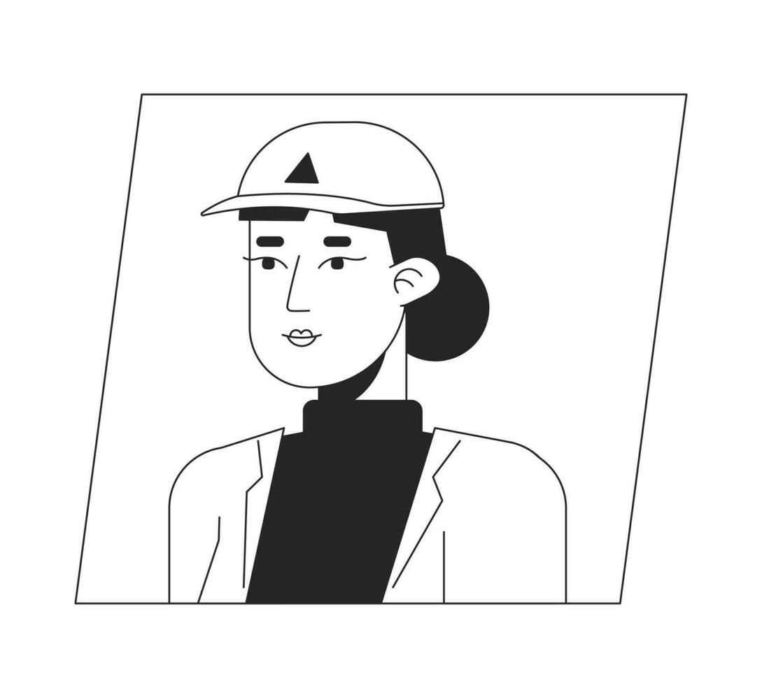 Pretty young lady in cap black white cartoon avatar icon. Stylish outfit. Editable 2D character user portrait, linear flat illustration. Vector face profile. Outline person head and shoulders