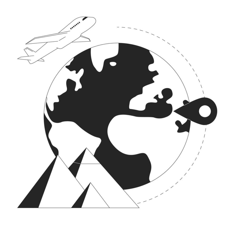 International flight flat line concept vector spot illustration. Airplane around world 2D cartoon flat line monochrome objects for web UI design. Egypt destination editable isolated outline hero image