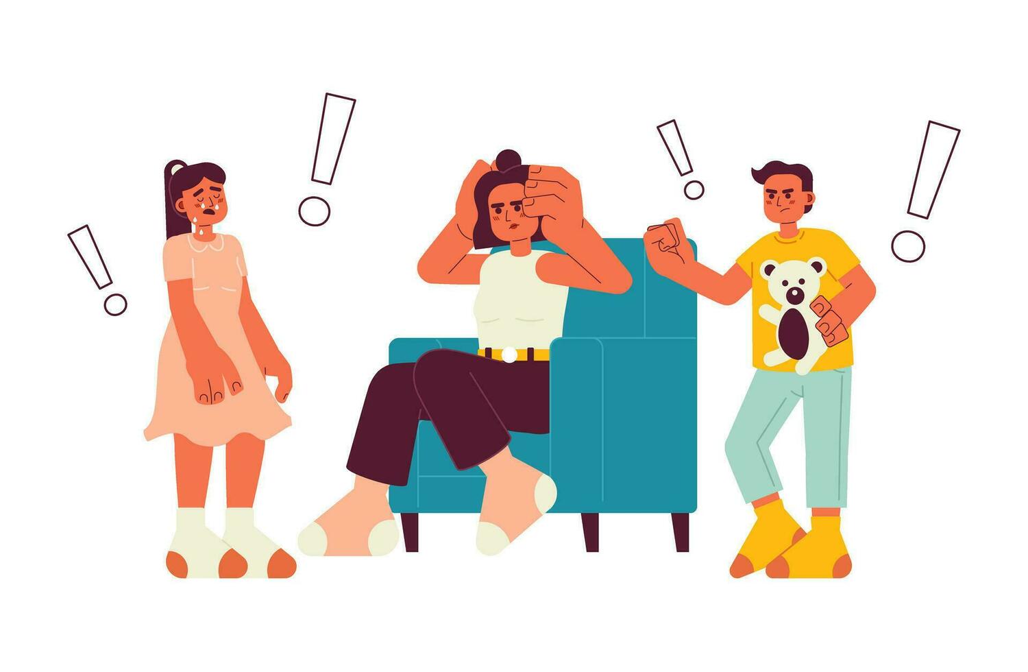 Bad parenting day flat vector spot illustration. Tired mom and siblings having fight 2D cartoon characters on white for web UI design. Hispanic family at home isolated editable creative hero image