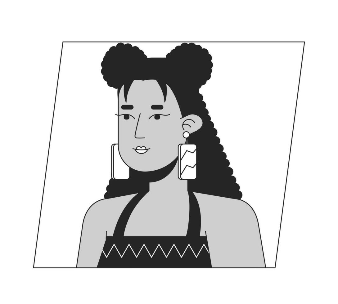 Stylish hispanic woman with earrings black white cartoon avatar icon. Editable 2D character user portrait, linear flat illustration. Vector face profile. Outline person head and shoulders