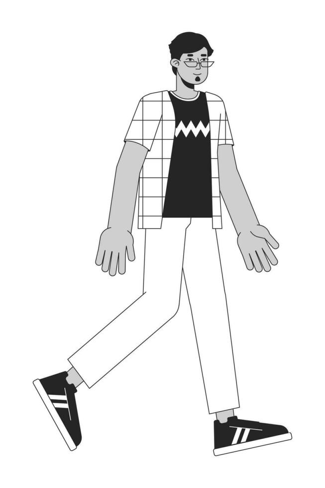 árabe hombre en los anteojos caminando plano línea negro blanco vector personaje. editable contorno lleno cuerpo persona. lentes Arábica masculino sonriente sencillo dibujos animados aislado Mancha ilustración para web gráfico diseño