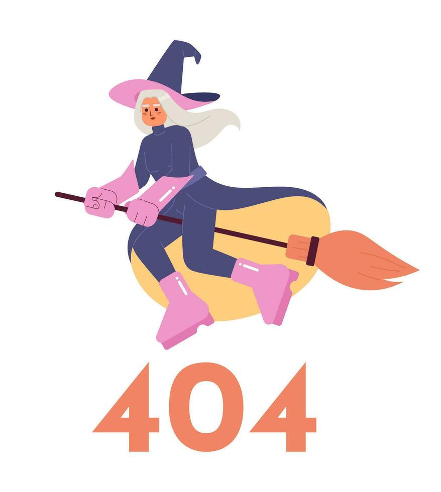 Witch on broomstick error 404 flash message. Mystery character. Empty state ui design. Page not found popup cartoon image. Vector flat illustration concept on white background