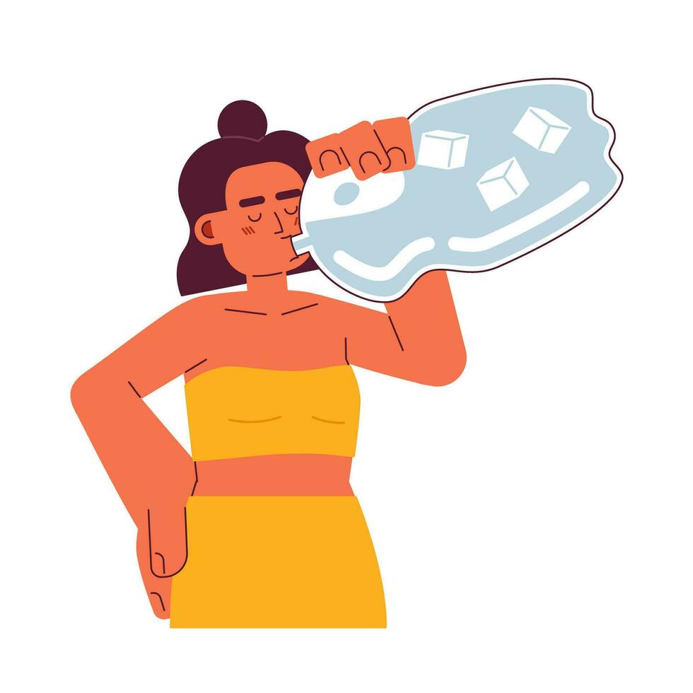 Woman drinking cold bottled water semi flat color vector character. Latina female hydrating in summer. Editable half body person on white. Simple cartoon spot illustration for web graphic design