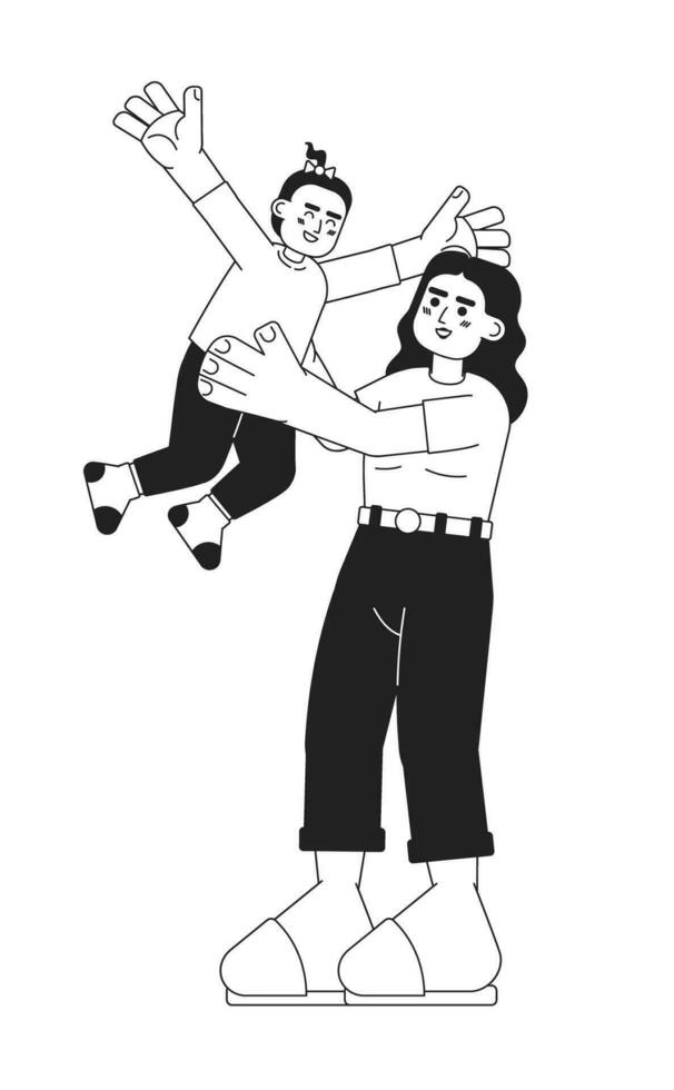 Happy baby and mom monochrome vector spot illustration. Single mom with kid 2D flat bw cartoon characters for web UI design. Arab mother tossing toddler in air isolated editable hand drawn hero image