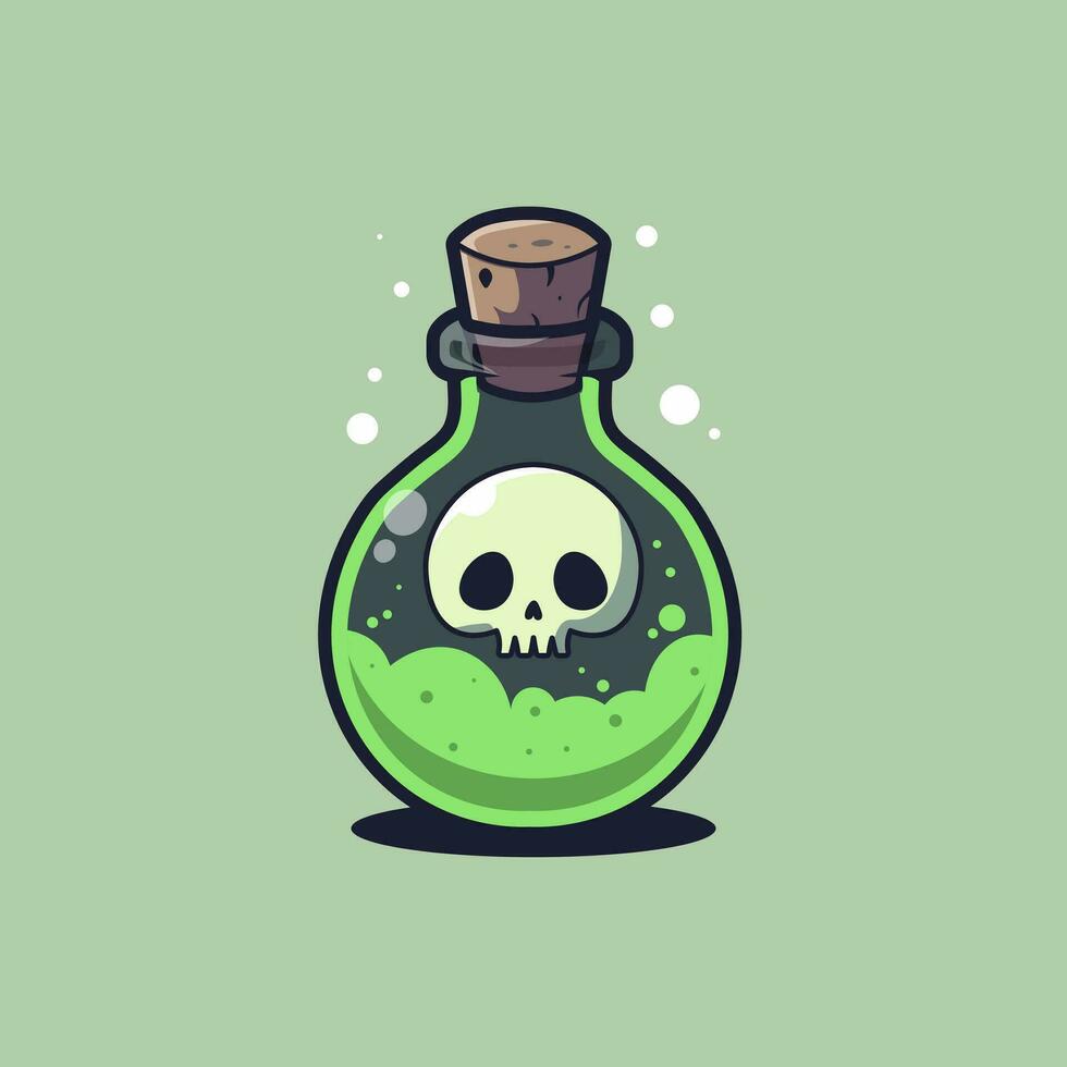 Vector cartoon illustration of magic potion bottle with skull. Isolated on green background.