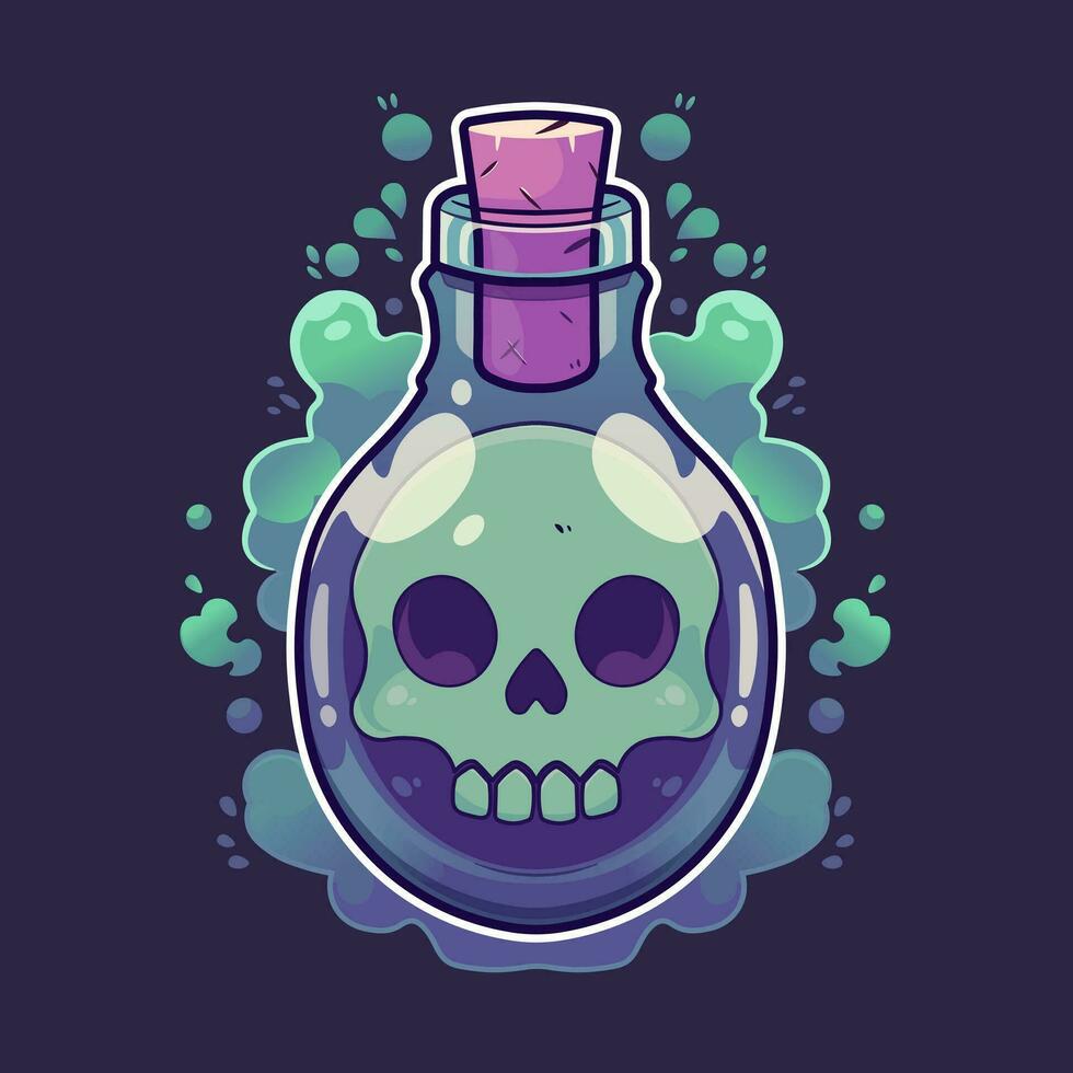 Magic potion bottle with skull inside Vector illustration on dark background