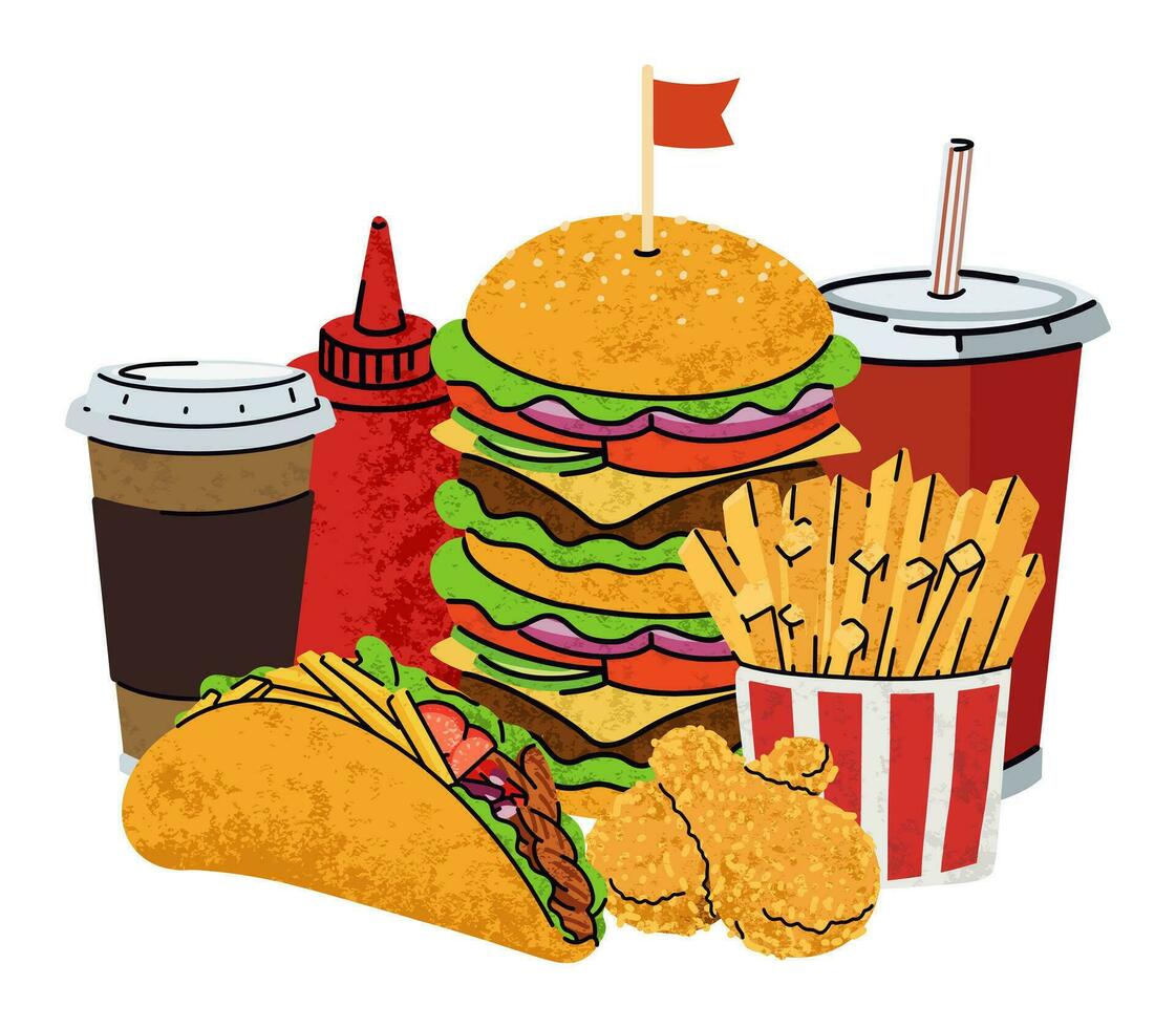 fast food, cartoon icons set, simple flat style, street high calorie food illustration. vector