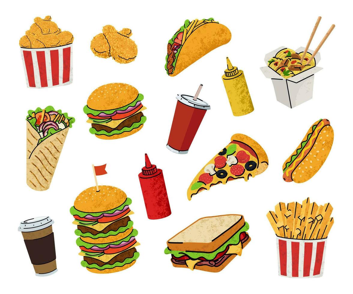 fast food, cartoon icons set, simple flat style, street high calorie food illustration. vector
