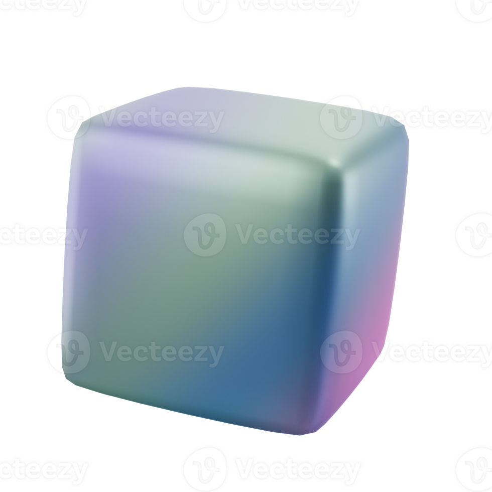 3d block object metal cube abstract geometric shape. Realistic glossy gradient luxury template decorative design illustration. Minimalist bright element mockup isolated transparent png