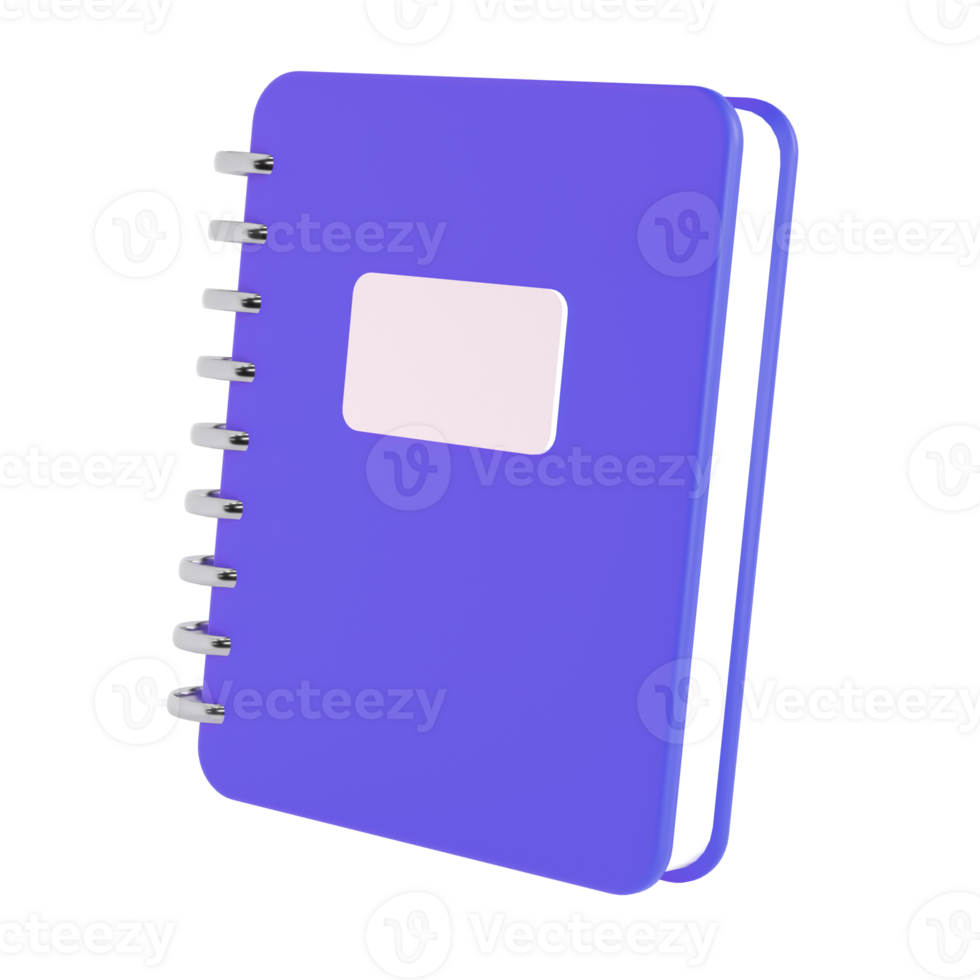 3d violet cute empty notepad book stationery for school isolated transparent png. Simple render illustration. Design element for posters, banners, calendar and greeting card png