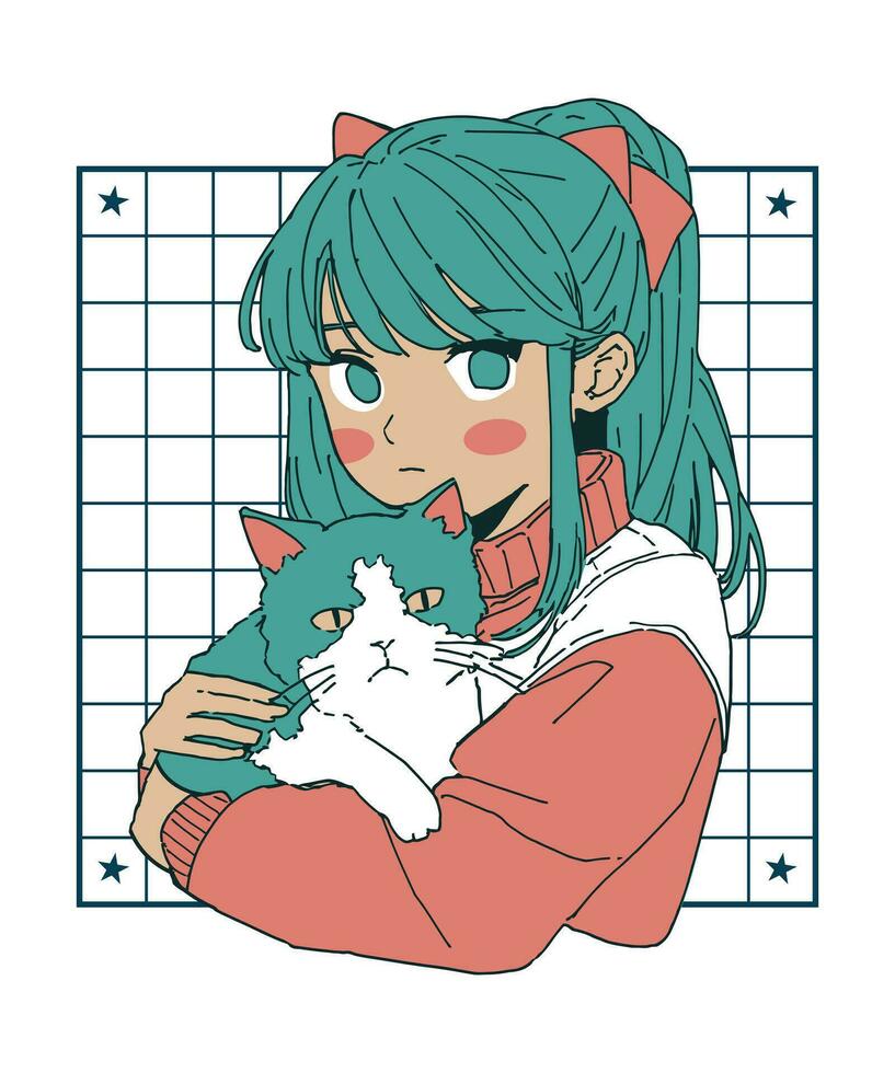 Anime Girl with a Cat T-shirt vector