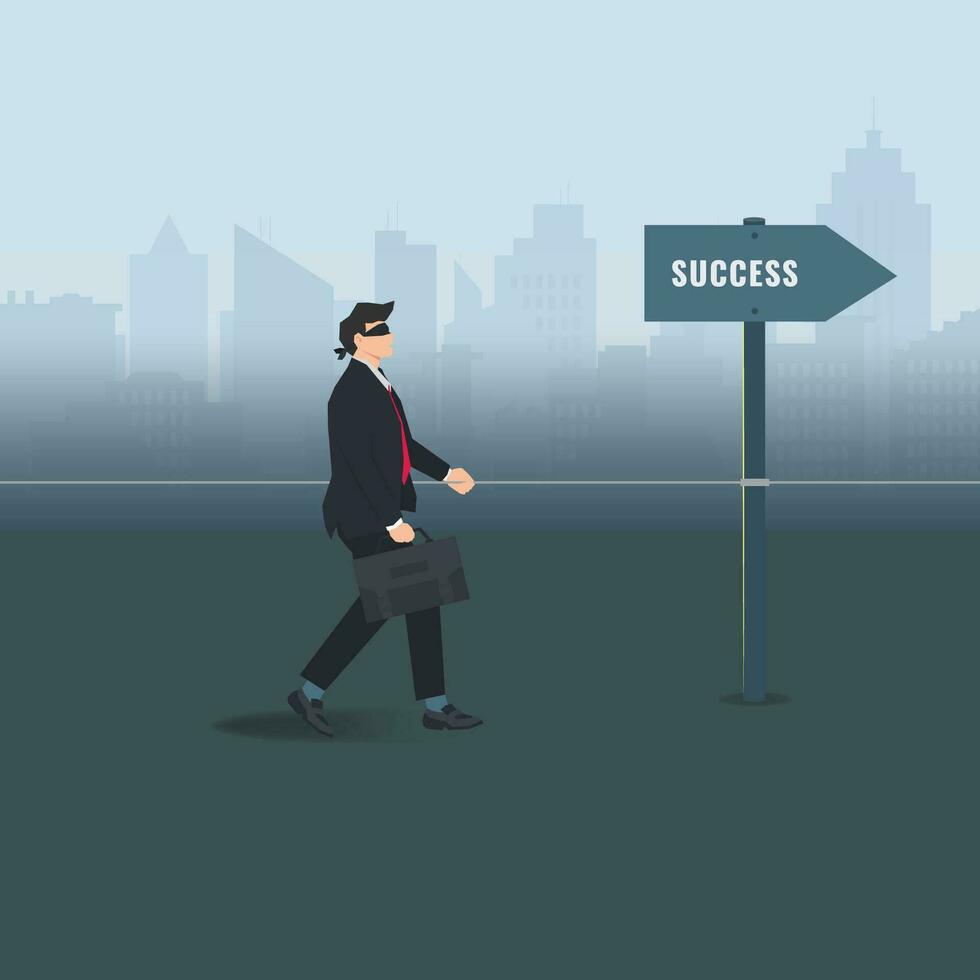 Blindfolded businessman walking a tightrope to the success arrow sign design vector illustration