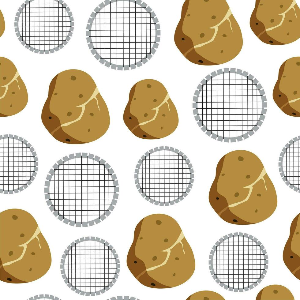 Vector seamless pattern of potato and cutter, organic agriculture in cartoon flat style. Vegetable background.