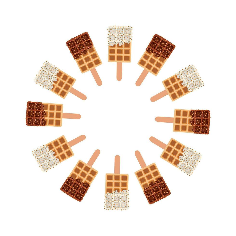 Set of vector belgian waffle on stick. Round frame of waffles. Black and white chocolate.