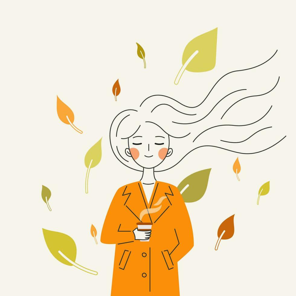 Young girl walking outdoors in autumn park with coffee. Harvest, holiday, fall. Woman holds a cup, wearing yellow coat, in leaves. hello autumn, welcome. Enjoying cozy weather. Line Vector