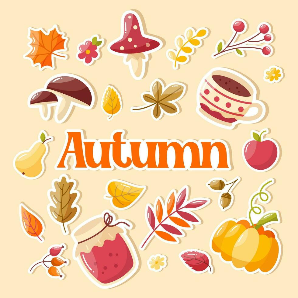 Autumn stickers collection with cute seasonal elements vector