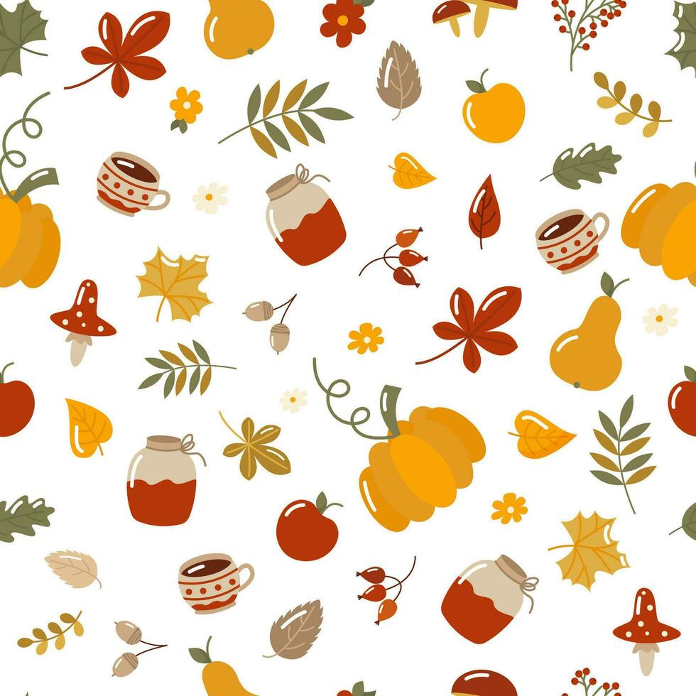 Vector colorful autumn natural seamless pattern with fall leaves, fruits, pumpkins and mushrooms. Fall endless background