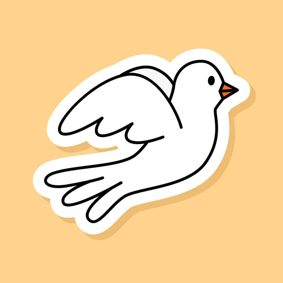 Vector Dove sticker isolated on yellow background. 70s style cartoon icon white contour