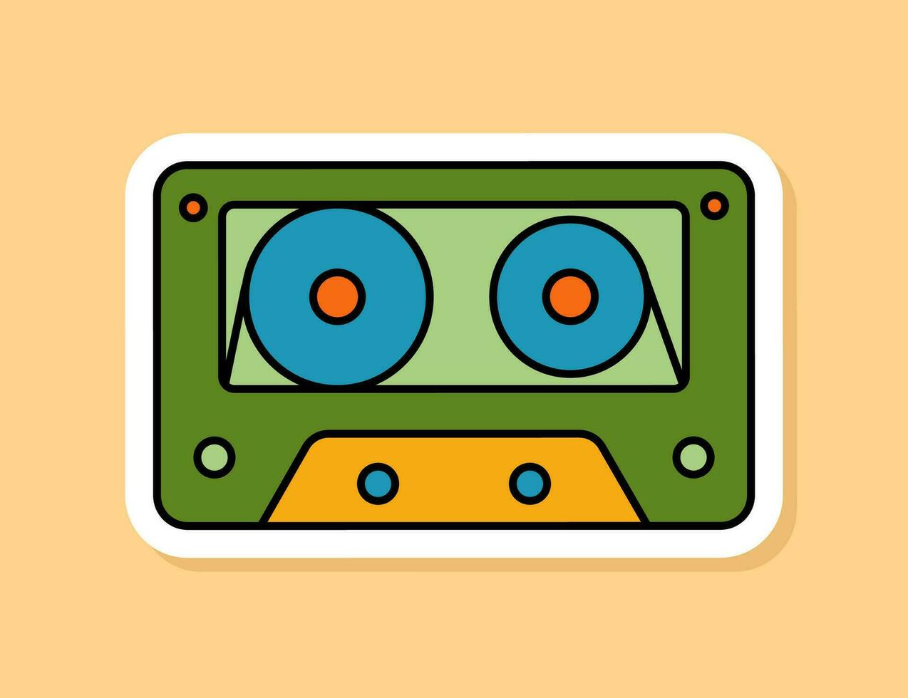 vector retro audio casete pegatina aislado en amarillo antecedentes. 70s estilo dibujos animados icono con blanco contorno