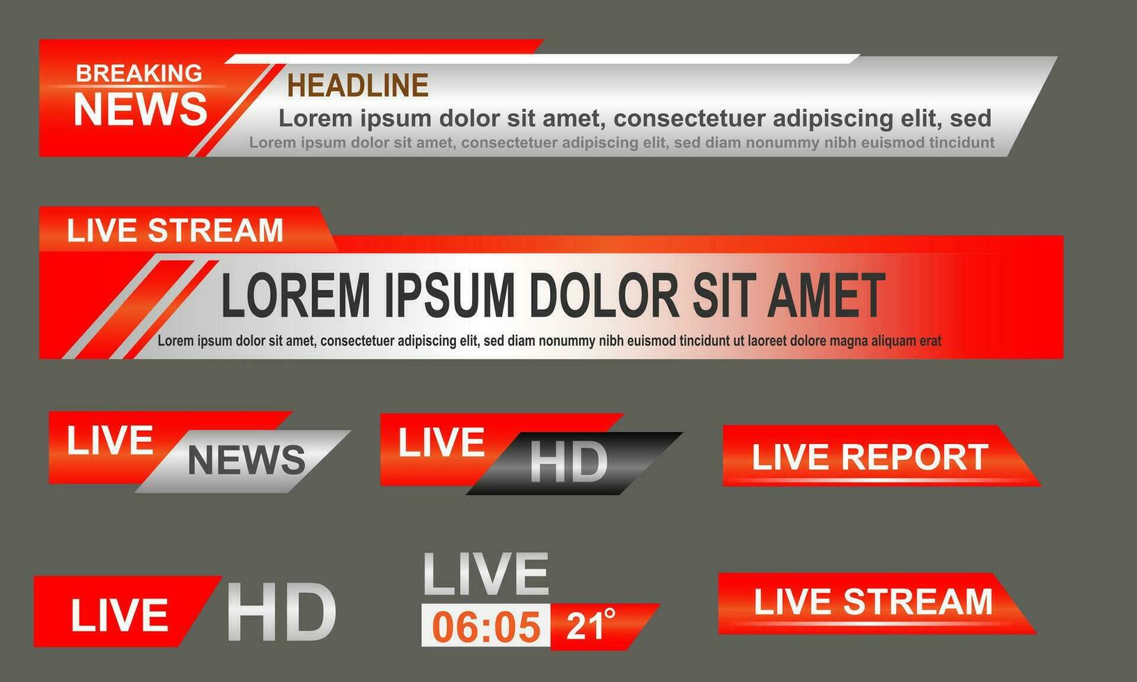 Broadcast News Lower Thirds Template layout red grey set collection design banner for bar Headline news title, sport game in Television, Video and Media Channel vector