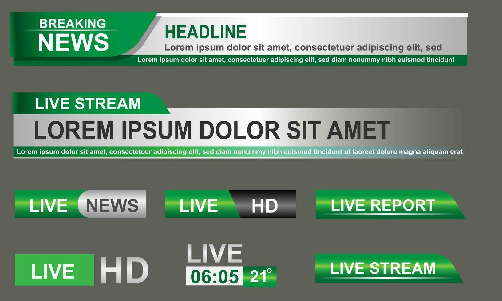 Broadcast News Lower Thirds Template layout green grey set collection design banner for bar Headline news title, sport game in Television, Video and Media Channel vector
